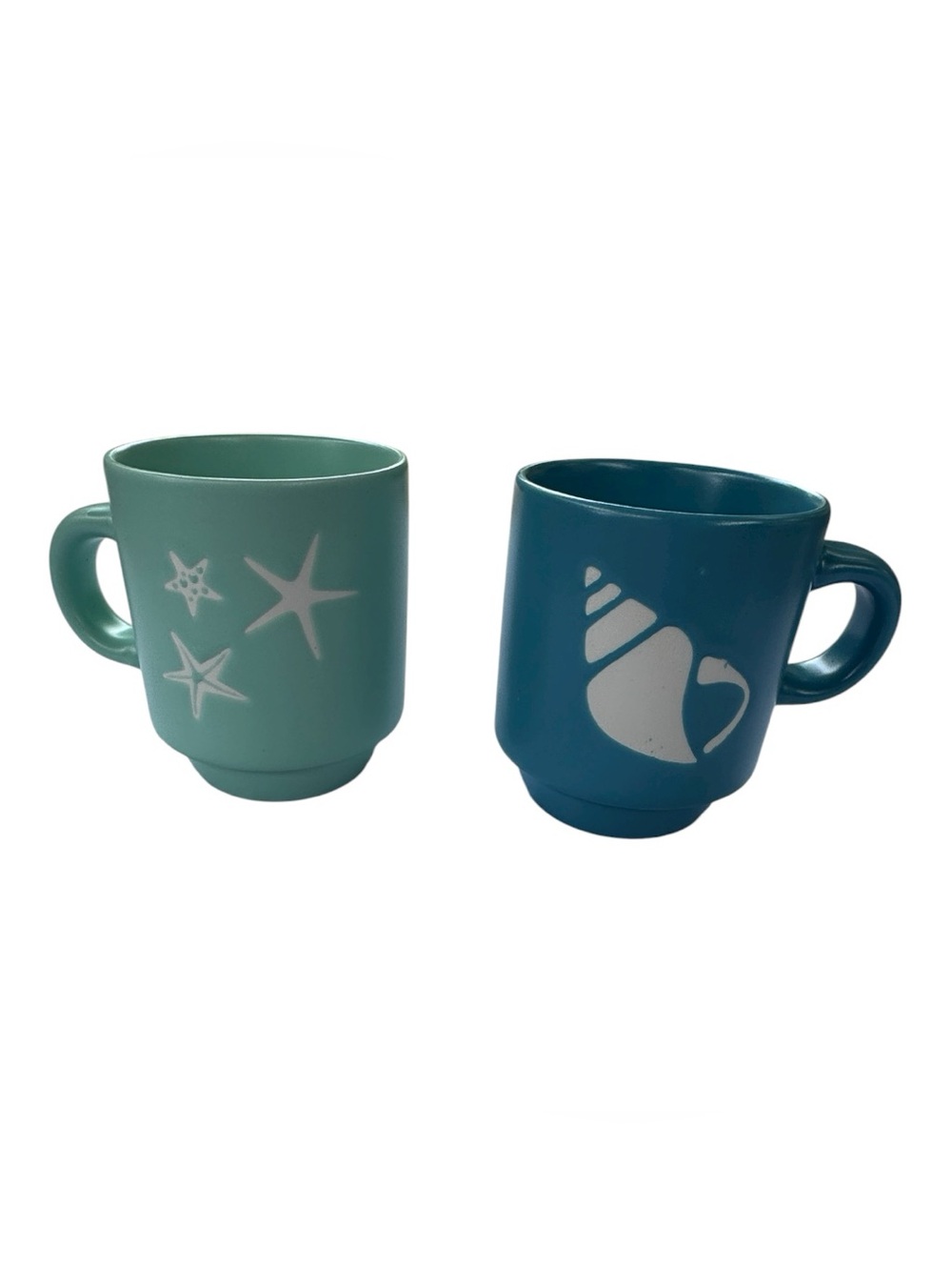 Set of 2 Coastal Ceramic Espresso Cups Sea Star Shell Blue Coffee Mugs